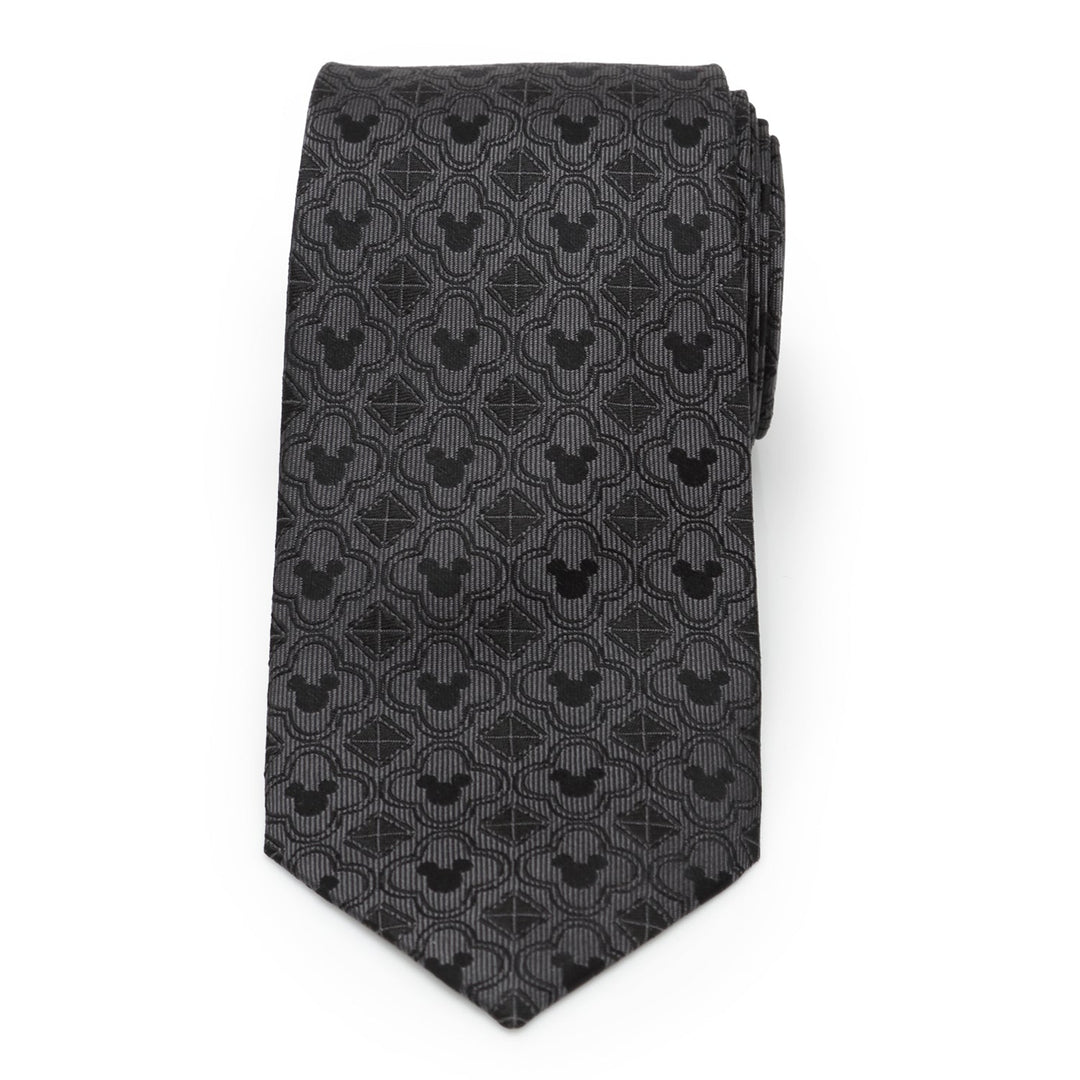 Cufflinks.com Disney Mickey Mouse Pattern Black Men’s Tie in black silk with a repeating gray geometric pattern featuring Mickey Mouse silhouettes.