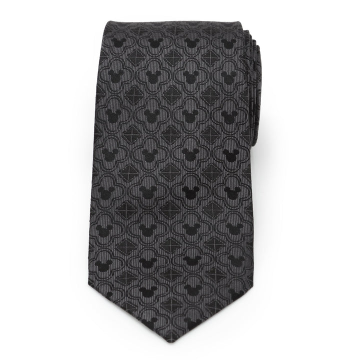 Cufflinks.com Disney Mickey Mouse Pattern Black Men’s Tie in black silk with a repeating gray geometric pattern featuring Mickey Mouse silhouettes.
