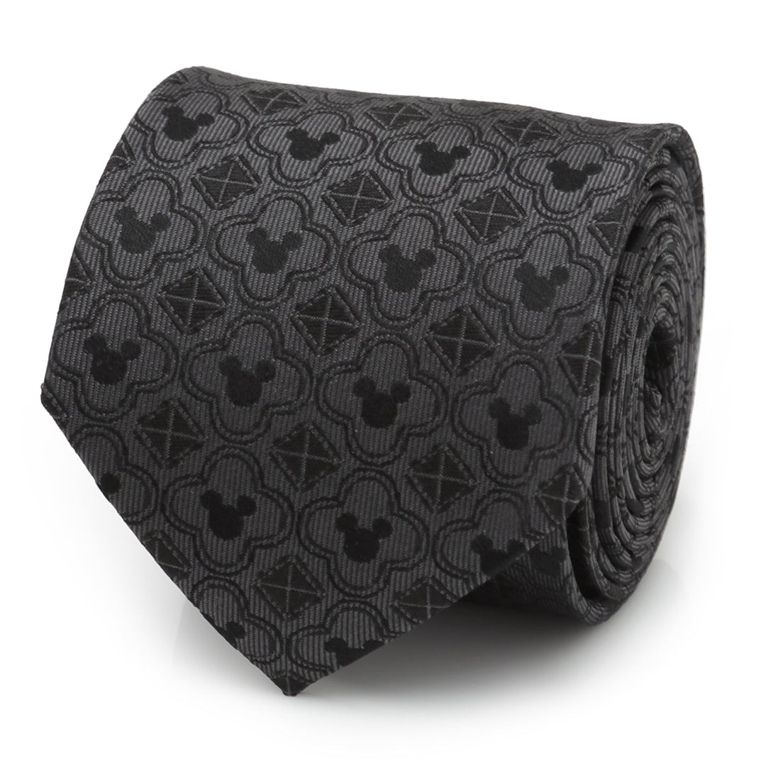 Disney Mickey Mouse Pattern Black Men’s Tie featuring a repeating pattern of Mickey Mouse silhouettes and geometric shapes.
