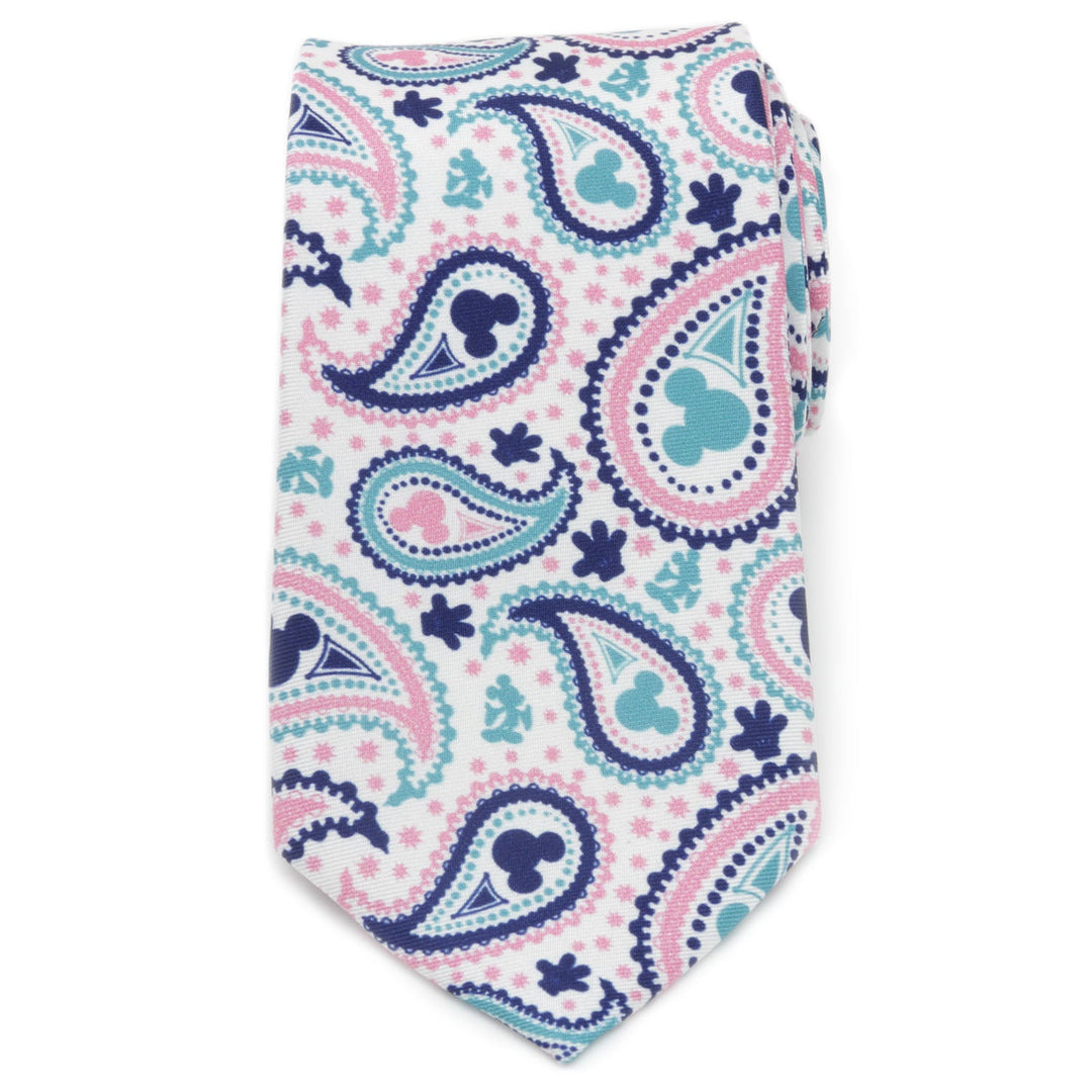 Disney Mickey Mouse Paisley Multi Men’s Tie in white silk featuring a repeating blue, pink, and teal paisley pattern.