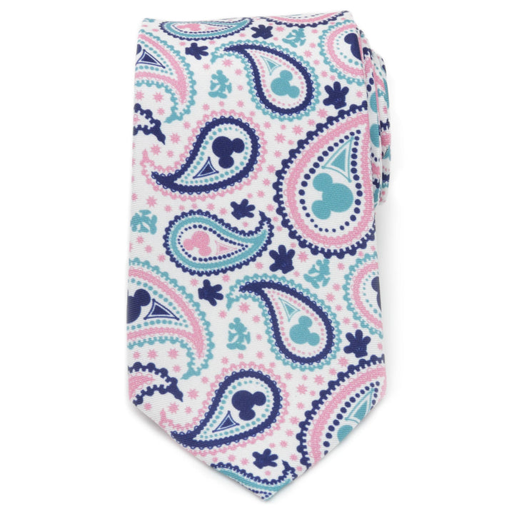 Disney Mickey Mouse Paisley Multi Men’s Tie in white silk featuring a repeating blue, pink, and teal paisley pattern.
