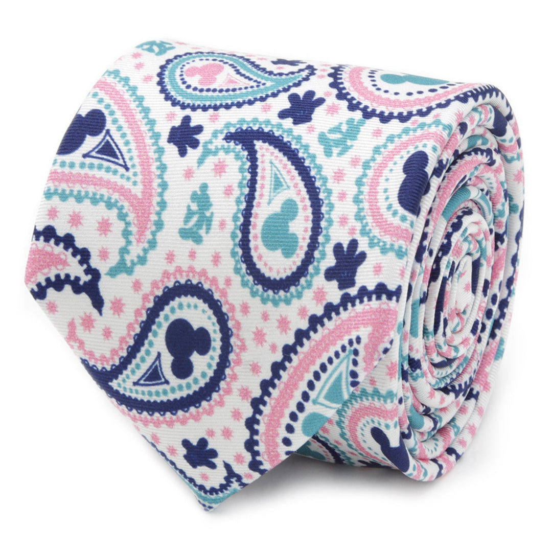 Disney Mickey Mouse Paisley Multi Men’s Tie rolled in white, pink, and blue with Mickey Mouse silhouettes.