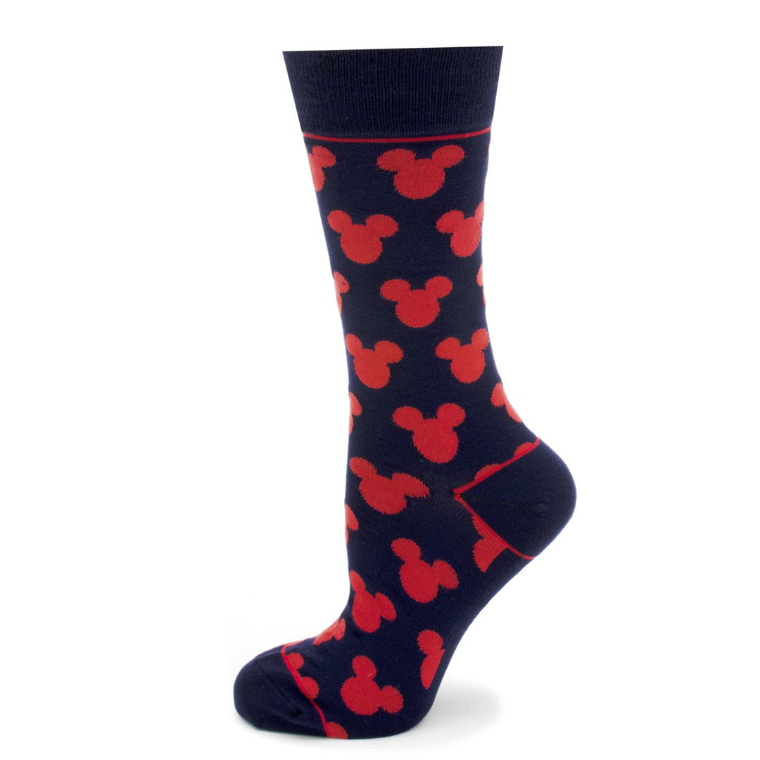 Dark blue crew socks featuring a repeating red Mickey Mouse head pattern from the Disney Mickey Mouse Silhouette Blue Sock and Mickey Blue Lapel Pin Gift Set.