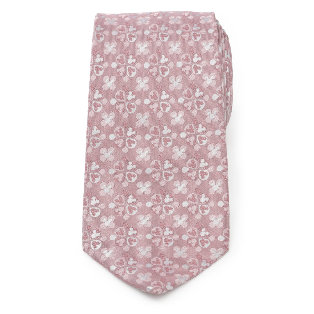 Disney Mickey Mouse Silhouette Blossom Pink Men’s Tie in pink silk with a repeating pattern of white and light pink Mickey Mouse silhouettes arranged in flower-like shapes.