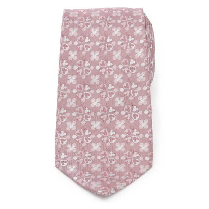 Disney Mickey Mouse Silhouette Blossom Pink Men’s Tie in pink silk with a repeating pattern of white and light pink Mickey Mouse silhouettes arranged in flower-like shapes.