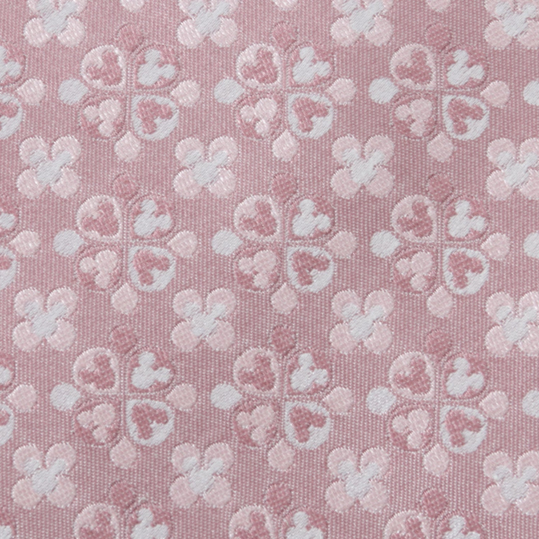 Disney Mickey Mouse Silhouette Blossom Pink Men’s Tie in light pink silk with a repeating white and dark pink Mickey Mouse silhouette four-leaf clover pattern.