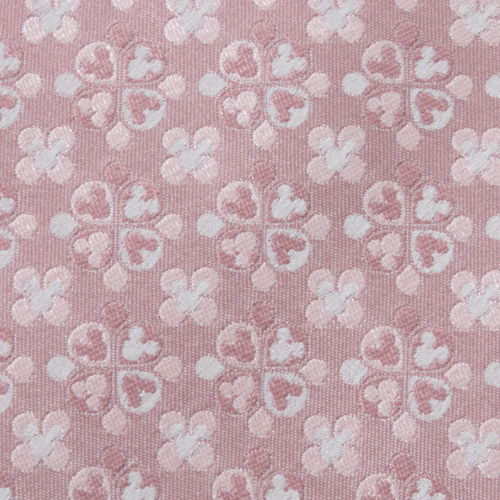 Disney Mickey Mouse Silhouette Blossom Pink Men’s Tie in light pink silk with a repeating white and dark pink Mickey Mouse silhouette four-leaf clover pattern.