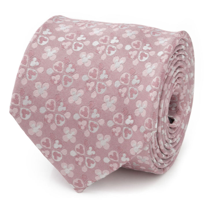 Rolled Disney Mickey Mouse Silhouette Blossom Pink Men’s Tie in pink silk with a repeating pattern of white Mickey Mouse silhouettes arranged in flower shapes.