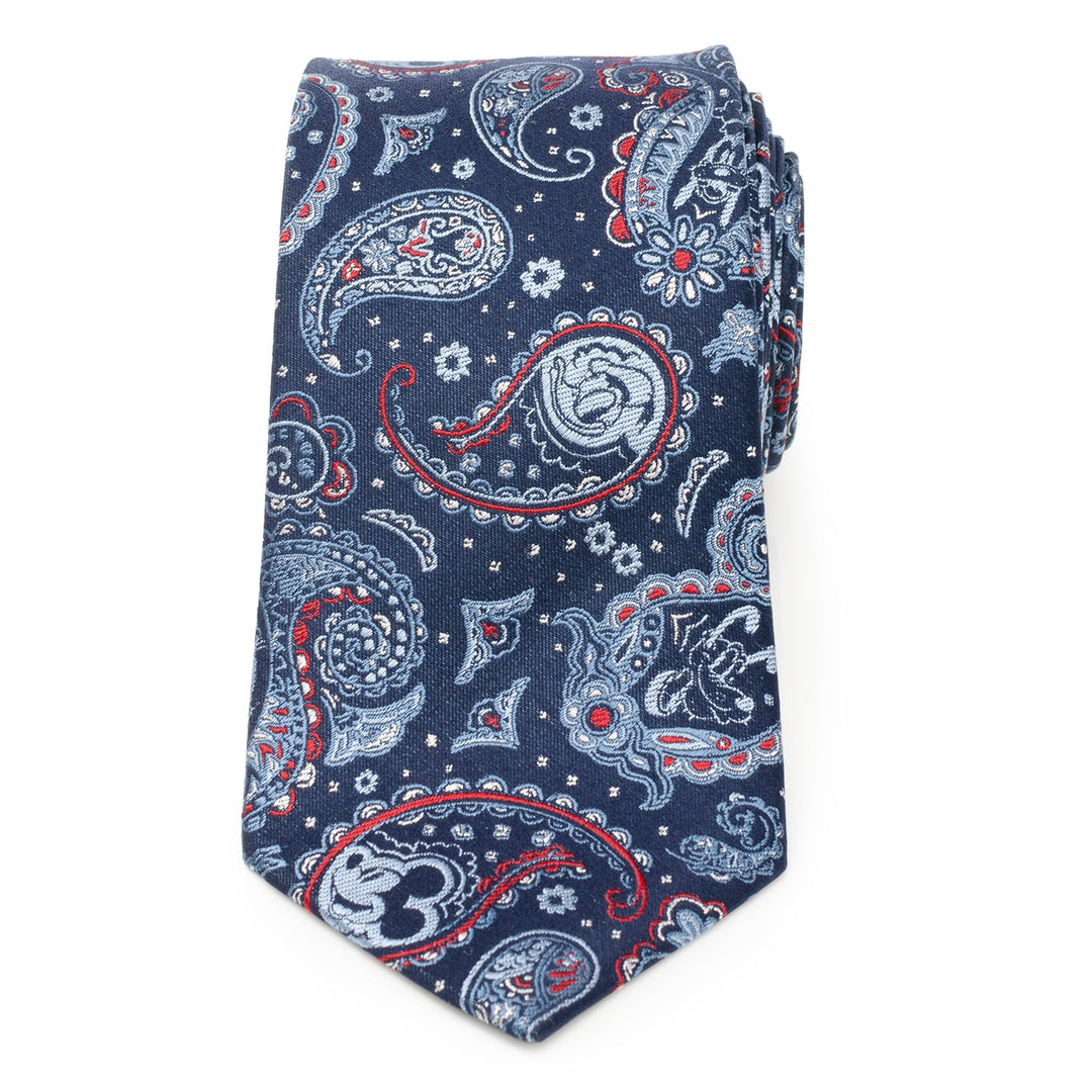 A navy blue Disney Mickey and Friends Paisley Blue Multi men’s tie featuring a white and red paisley pattern with hidden Mickey Mouse silhouettes.
