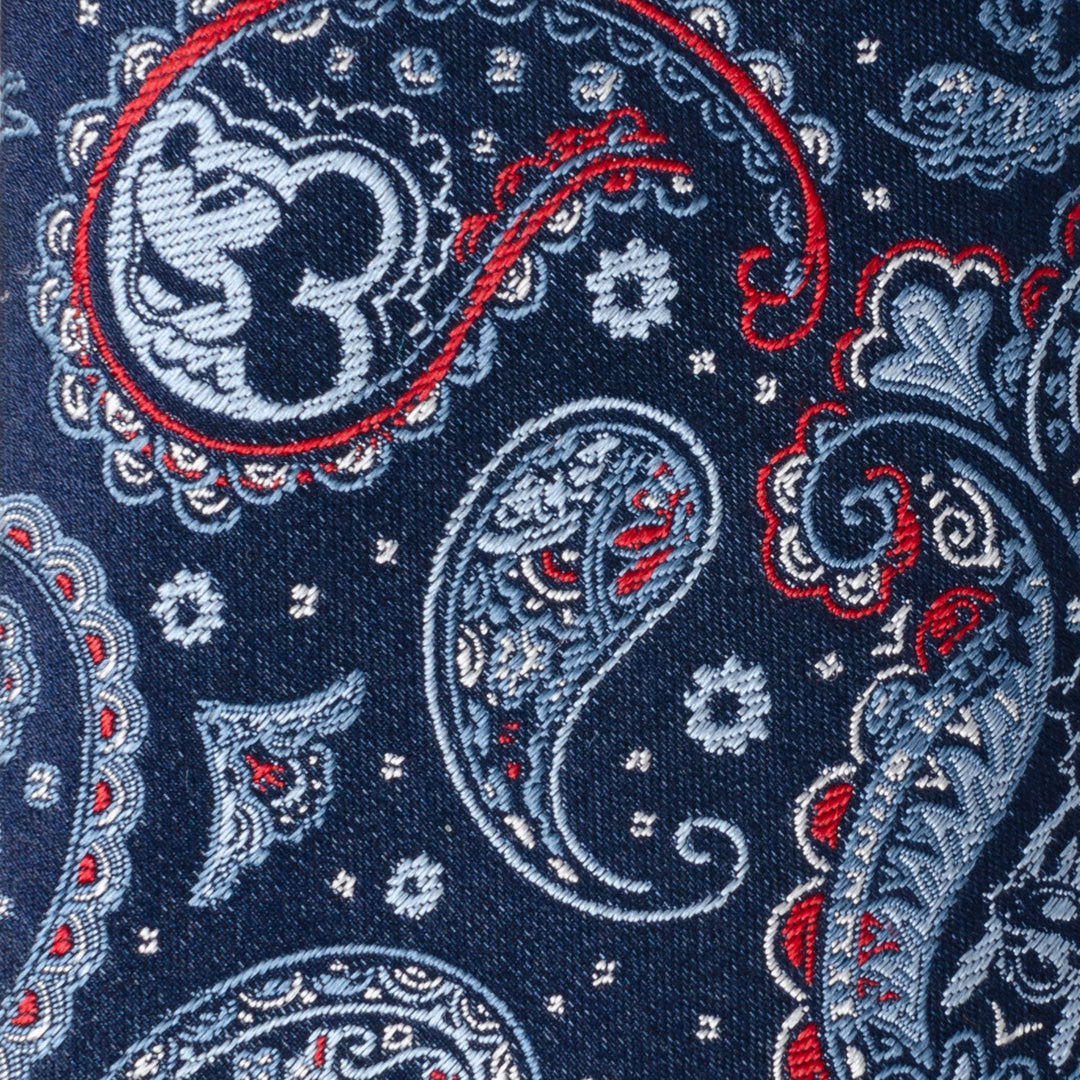 Disney Mickey and Friends Paisley Blue Multi Men’s Tie in blue paisley silk featuring hidden Mickey Mouse silhouettes in red, light blue, and white thread.