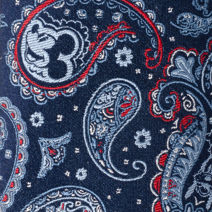 Disney Mickey and Friends Paisley Blue Multi Men’s Tie in blue paisley silk featuring hidden Mickey Mouse silhouettes in red, light blue, and white thread.