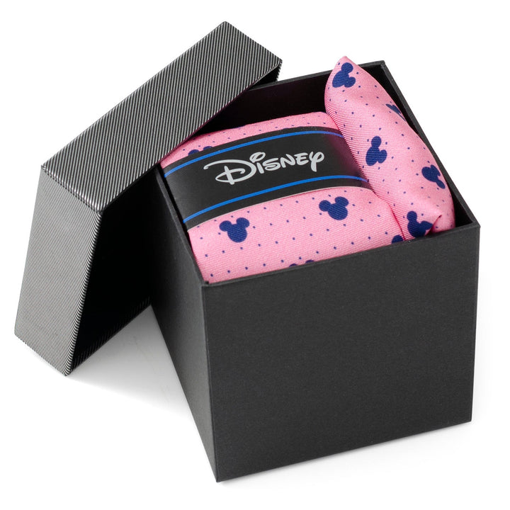 Disney Mickey Mouse Dot Pink Tie and Pocket Square Gift Set by Cufflinks.com, featuring a pink neck tie and silk pocket square with a blue icon and dot pattern in a black gift box.