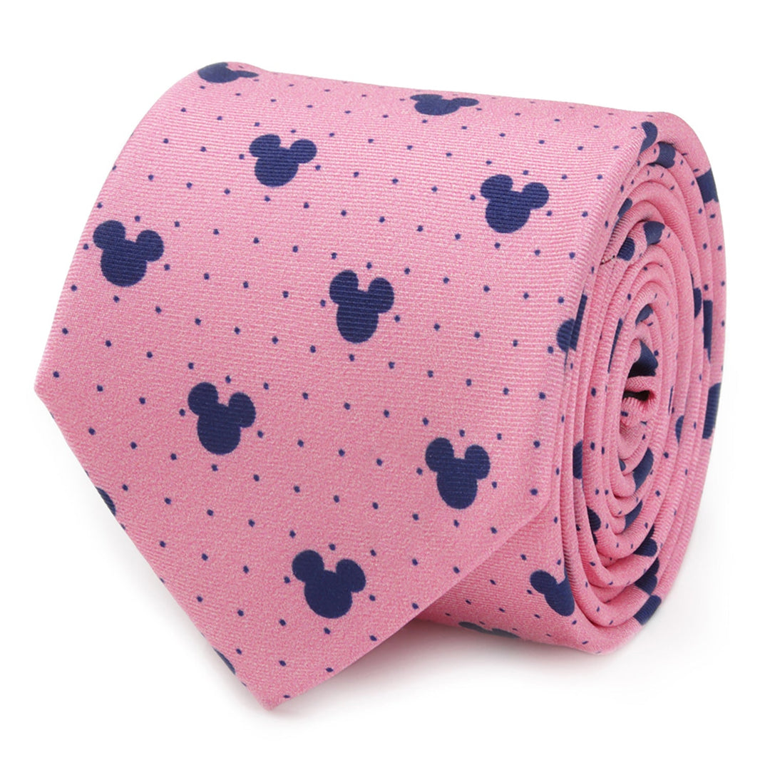 A coiled pink Disney Mickey Mouse Dot Pink Tie and Pocket Square Gift Set featuring a repeating pattern of navy blue Mickey Mouse silhouettes and small dots.
