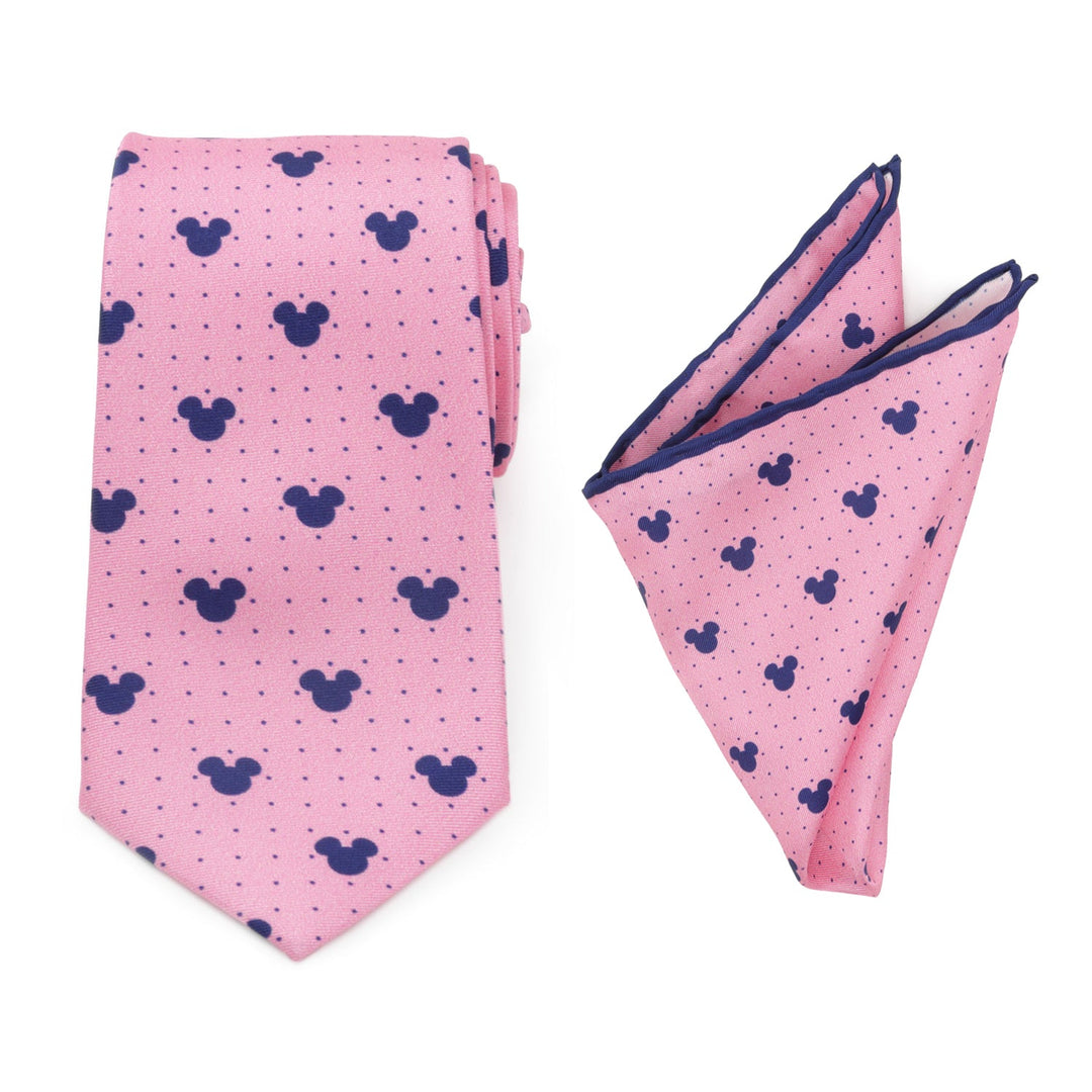 Disney Mickey Mouse Dot Pink Tie and Pocket Square Gift Set featuring a pink necktie and folded silk pocket square with a navy blue polka dot and Mickey Mouse head pattern.