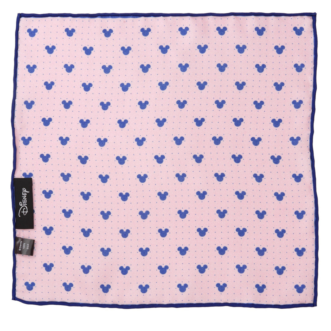 Disney Mickey Mouse Dot Pink Pocket Square featuring a repeating pattern of blue polka dots and Mickey Mouse icons with a dark blue rolled edge.