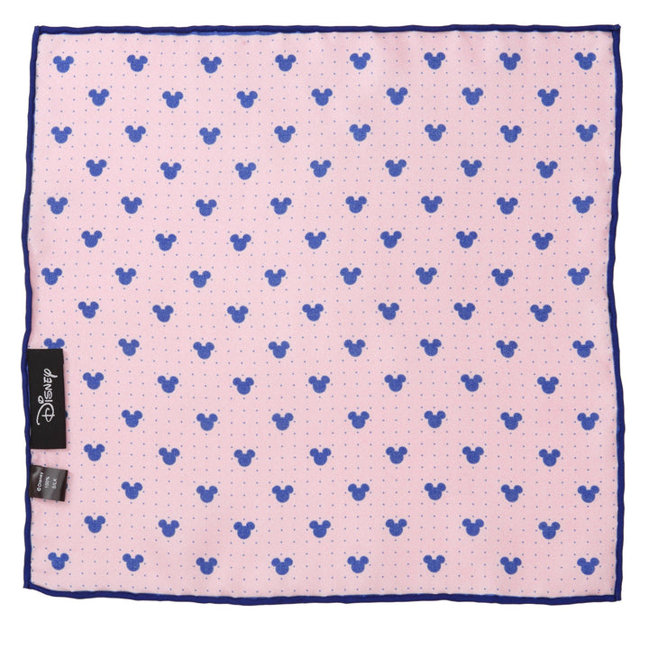 Disney Mickey Mouse Dot Pink Pocket Square featuring a repeating pattern of blue polka dots and Mickey Mouse icons with a dark blue rolled edge.