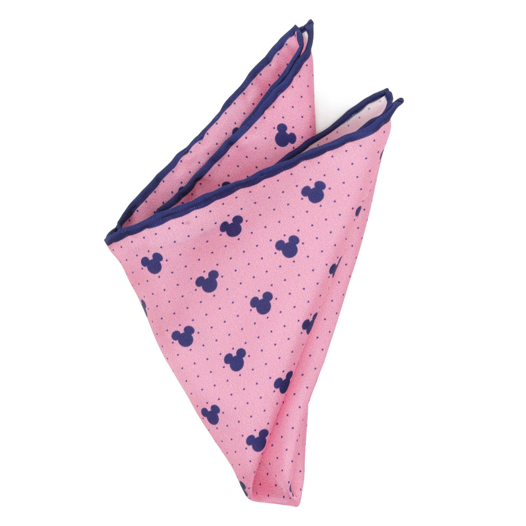 Disney Mickey Mouse Dot Pink Pocket Square featuring a repeating pattern of small dark blue Mickey Mouse silhouettes and a dark blue border.