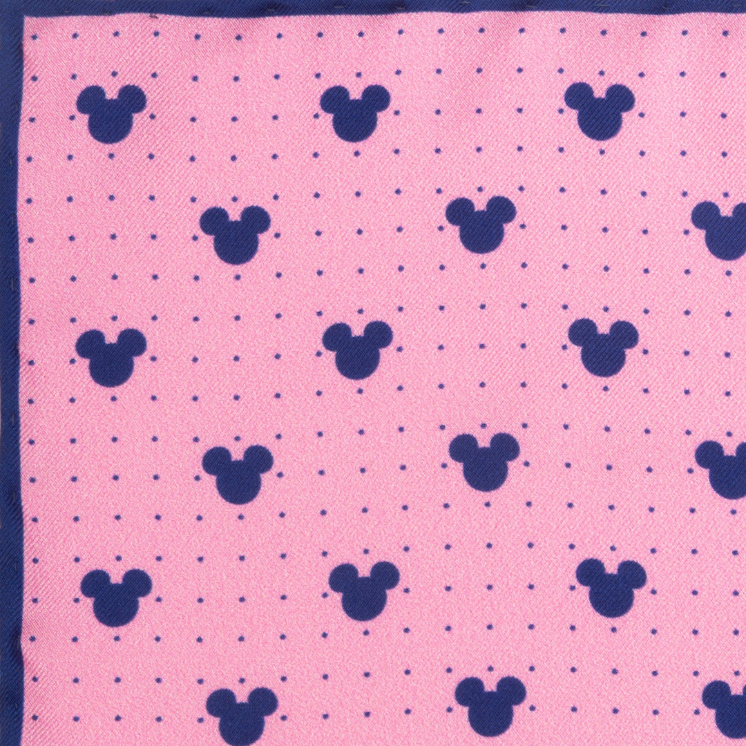 Disney Mickey Mouse Dot Pink Pocket Square in pink silk featuring a repeating pattern of navy blue Mickey Mouse silhouettes and small dots.