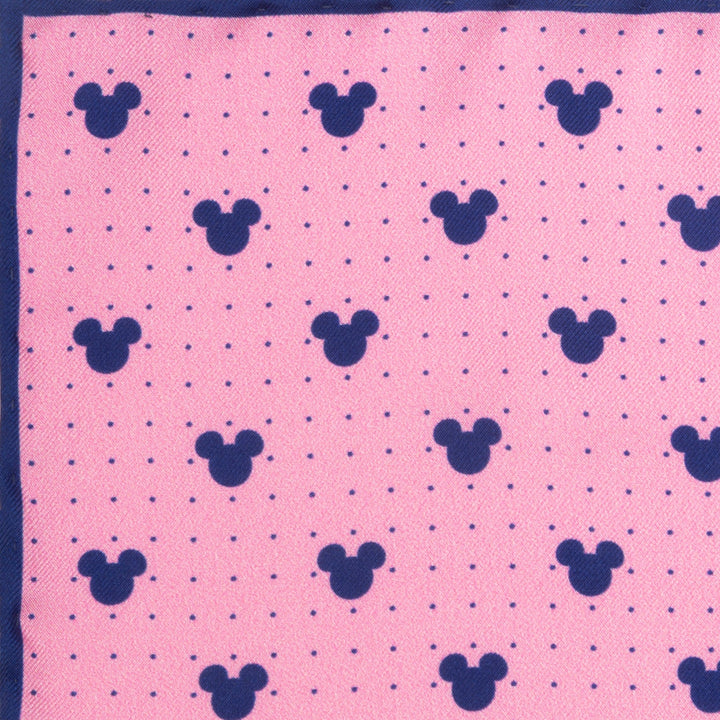 Disney Mickey Mouse Dot Pink Pocket Square in pink silk featuring a repeating pattern of navy blue Mickey Mouse silhouettes and small dots.