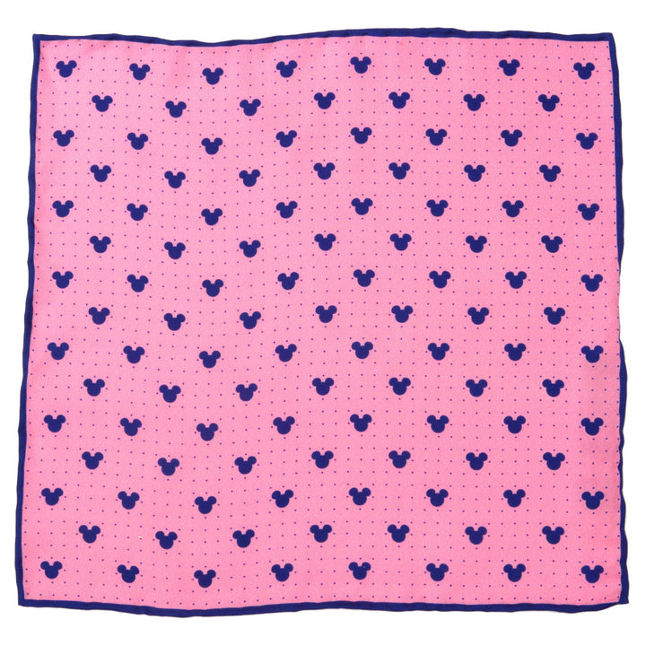 Disney Mickey Mouse Dot Pink Pocket Square featuring a pattern of dark blue Mickey Mouse silhouettes and small dots, finished with a dark blue border.