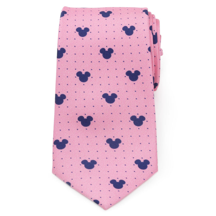 Disney Mickey Mouse Dot Pink Men’s Tie in pink, featuring a repeating pattern of small dark blue Mickey Mouse silhouettes and polka dots.