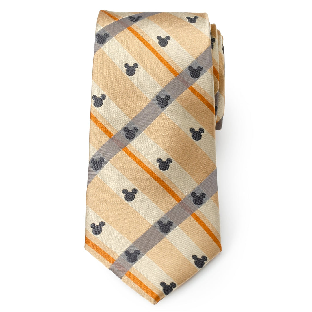 Disney Mickey Mouse Silhouette Tan Plaid Tie featuring a tan and orange plaid pattern with repeating dark grey Mickey Mouse silhouettes.
