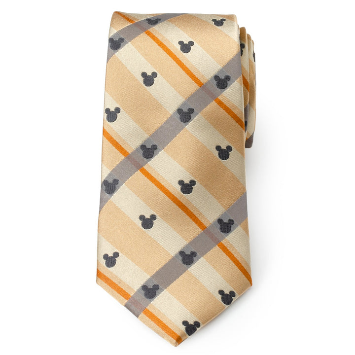 Disney Mickey Mouse Silhouette Tan Plaid Tie featuring a tan and orange plaid pattern with repeating dark grey Mickey Mouse silhouettes.