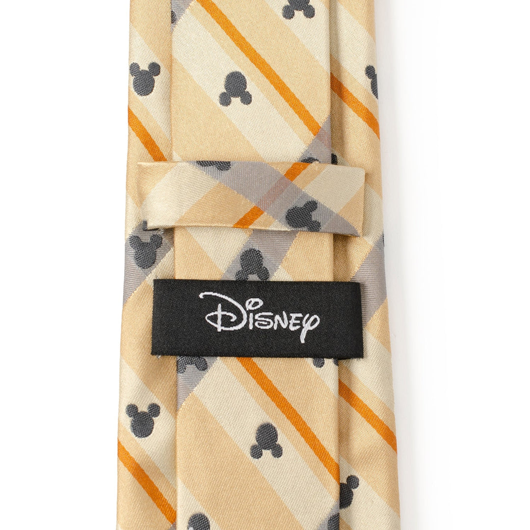 Disney Mickey Mouse Silhouette Tan Plaid Tie featuring a repeating dark grey Mickey Mouse silhouette pattern on tan plaid fabric with a black Cufflinks.com brand label.