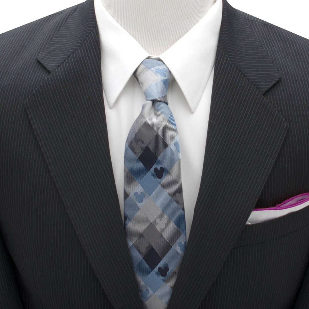 Disney Mickey Mouse Blue Plaid Mens Tie in blue and grey, worn with a white dress shirt and a dark pinstripe suit jacket for a fall wardrobe.