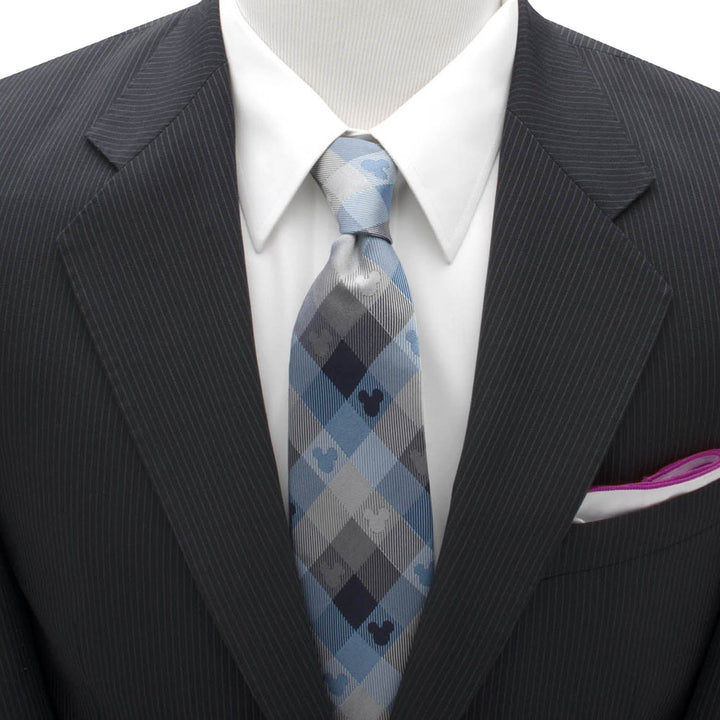 Disney Mickey Mouse Blue Plaid Mens Tie in blue and grey, worn with a white dress shirt and a dark pinstripe suit jacket for a fall wardrobe.