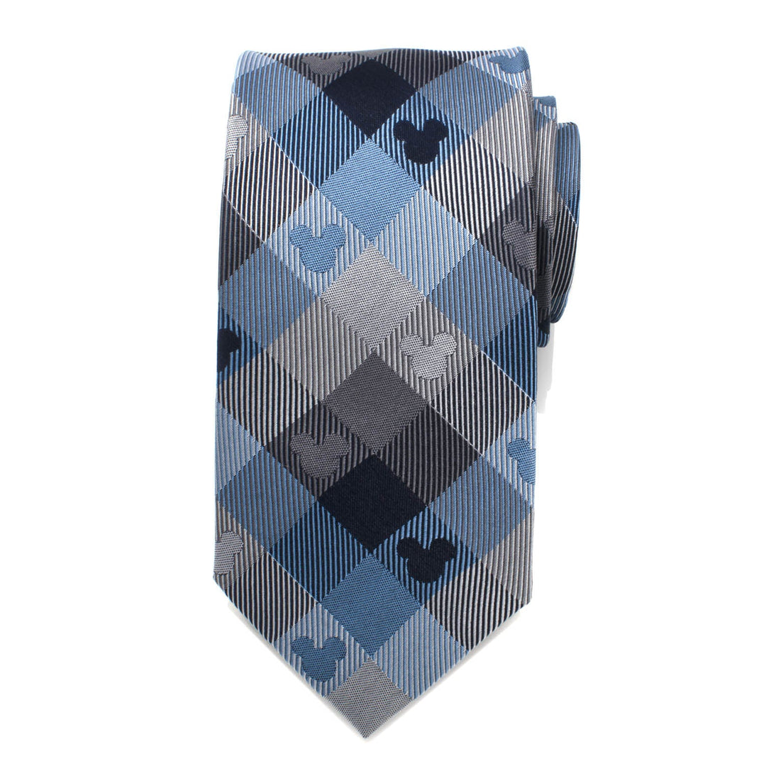 Disney Mickey Mouse Blue Plaid Mens Tie in blue, gray, and black plaid featuring small Mickey Mouse head silhouettes.