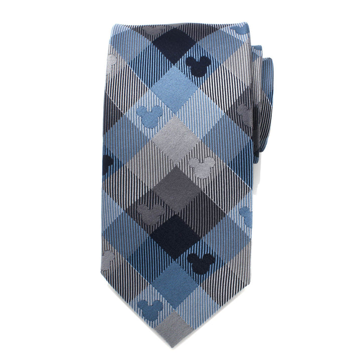 Disney Mickey Mouse Blue Plaid Mens Tie in blue, gray, and black plaid featuring small Mickey Mouse head silhouettes.