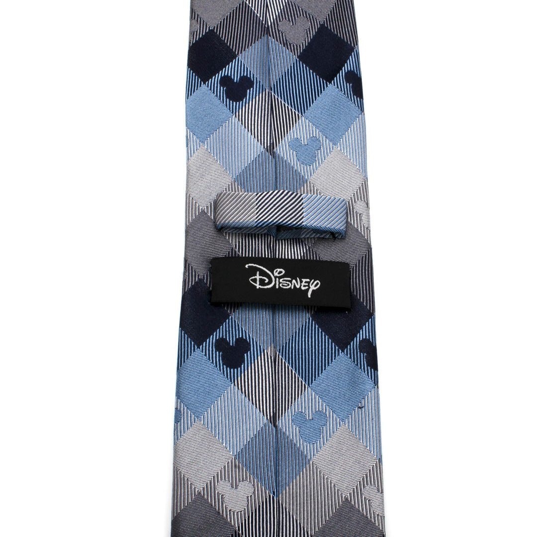 Disney Mickey Mouse Blue Plaid Mens Tie in blue and grey plaid with subtle character silhouettes and a brand label on the back.