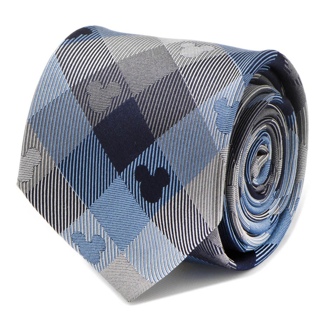 Rolled Disney Mickey Mouse Blue Plaid Mens Tie in a blue and gray plaid pattern featuring subtle icon silhouettes.