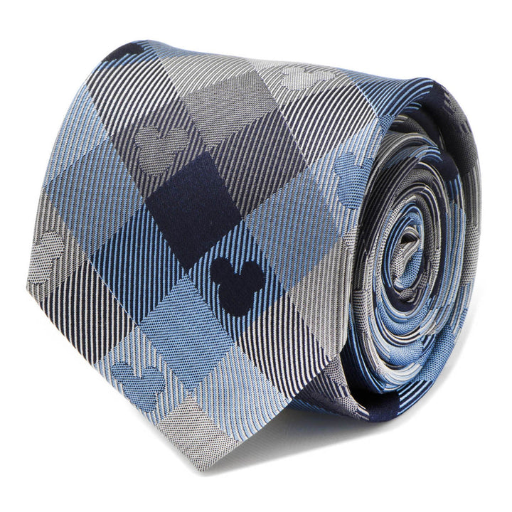Rolled Disney Mickey Mouse Blue Plaid Mens Tie in a blue and gray plaid pattern featuring subtle icon silhouettes.