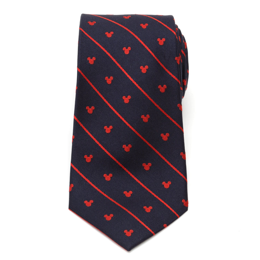 Disney Mickey Mouse Navy Pinstripe Tie in navy blue, featuring thin red diagonal stripes and a repeating pattern of small red Mickey Mouse head icons.