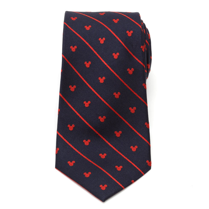 Disney Mickey Mouse Navy Pinstripe Tie in navy blue, featuring thin red diagonal stripes and a repeating pattern of small red Mickey Mouse head icons.