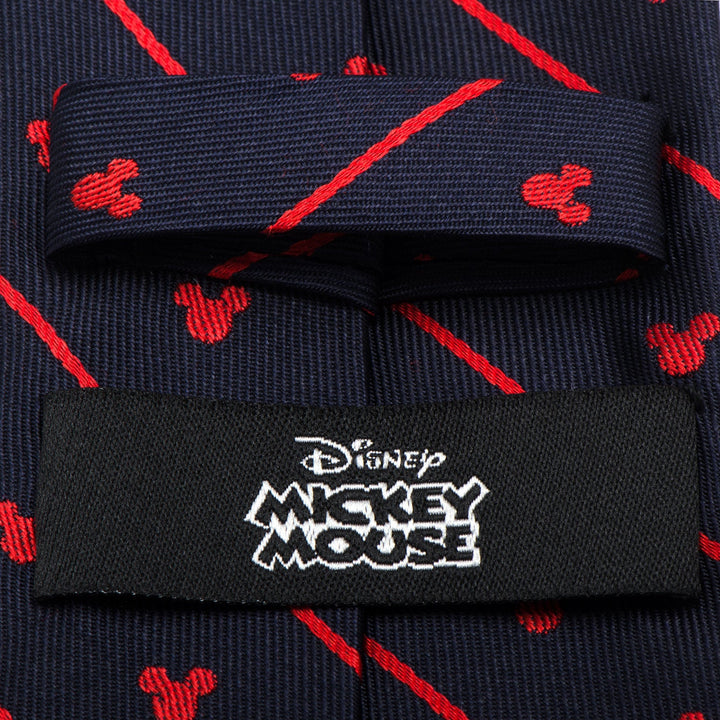 Disney Mickey Mouse Navy Pinstripe Tie in navy blue with red pinstripes and small red character silhouettes, featuring a black label that reads “Disney Mickey Mouse.”