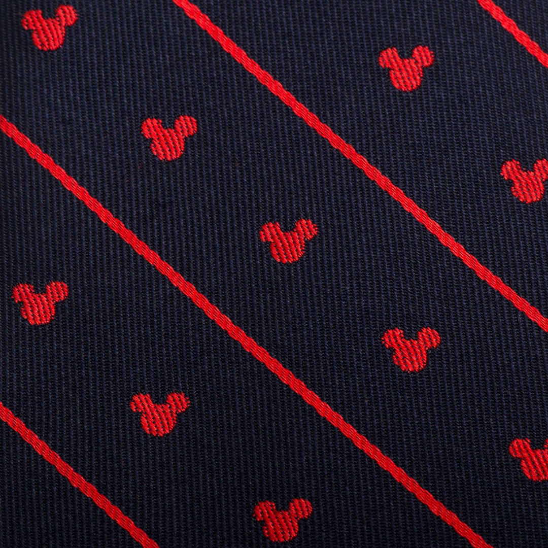 Disney Mickey Mouse Navy Pinstripe Tie in navy blue fabric featuring red pinstripes and a repeating pattern of small red Mickey Mouse silhouettes.