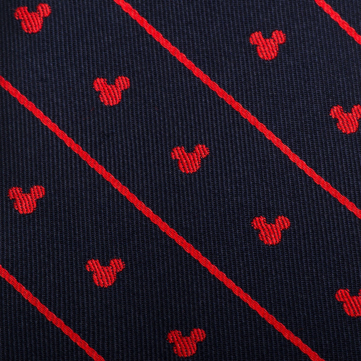 Disney Mickey Mouse Navy Pinstripe Tie in navy blue fabric featuring red pinstripes and a repeating pattern of small red Mickey Mouse silhouettes.