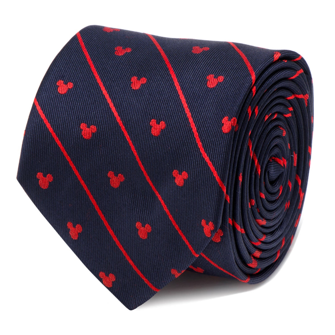 Disney Mickey Mouse Navy Pinstripe Tie in navy blue with red diagonal stripes and small red icon accents.