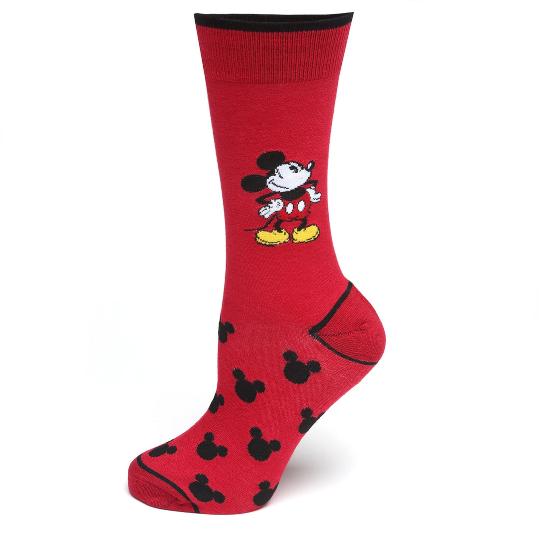 Disney Mickey Mouse Pie-Eyed Red Sock and Mickey Blue Lapel Pin Gift Set featuring red socks patterned with black silhouettes and a larger character graphic on the calf.