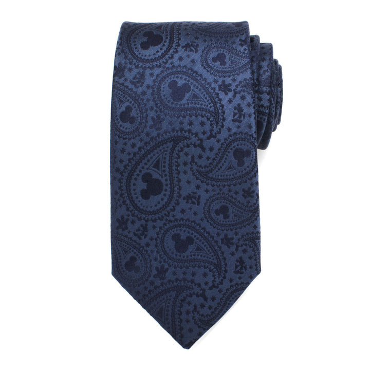 Disney Mickey Mouse Navy Paisley Men’s Tie in navy blue silk featuring hidden Mickey Mouse silhouettes and small star icons.