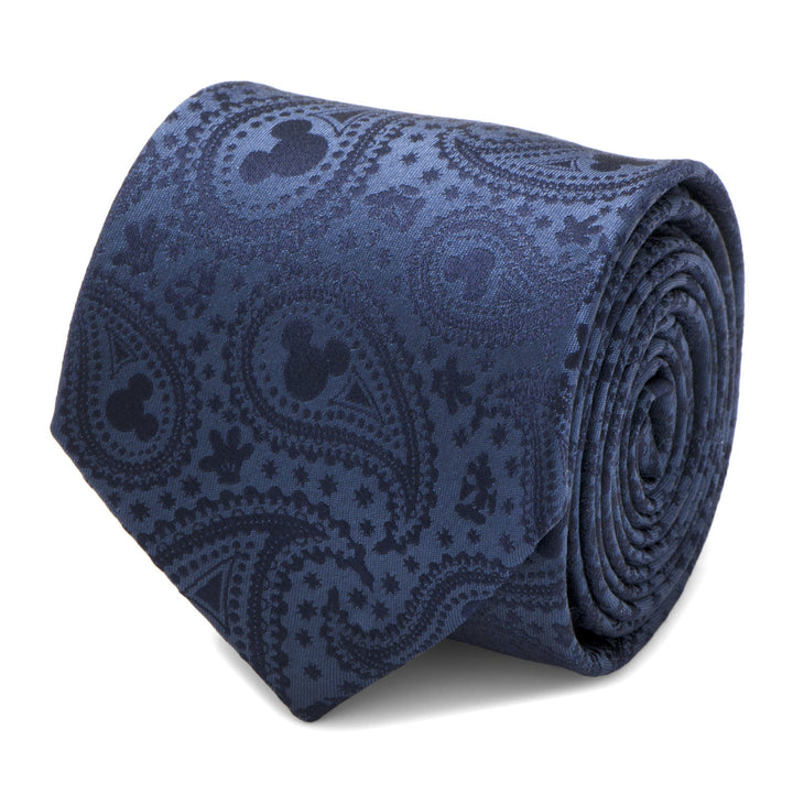 A Disney Mickey Mouse Navy Paisley Men’s Tie in navy blue featuring a repeating paisley pattern integrated with Mickey Mouse silhouettes.