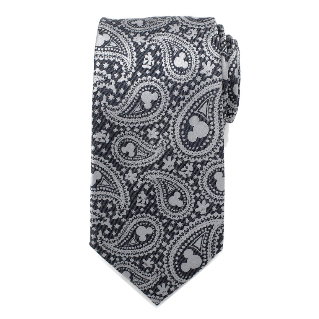 Disney Mickey Mouse Gray Paisley Mens Tie in gray silk with a repeating dark gray paisley pattern featuring integrated Mickey Mouse silhouettes.