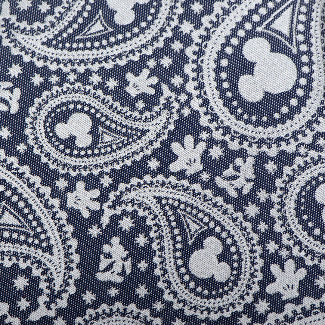 Disney Mickey Mouse Gray Paisley Mens Tie in dark blue and gray silk with a paisley pattern featuring Mickey Mouse silhouettes and glove icons.