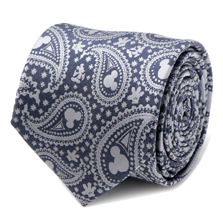 Disney Mickey Mouse Gray Paisley Mens Tie shown as a rolled gray silk tie featuring a repeating paisley pattern with integrated Mickey Mouse silhouettes.