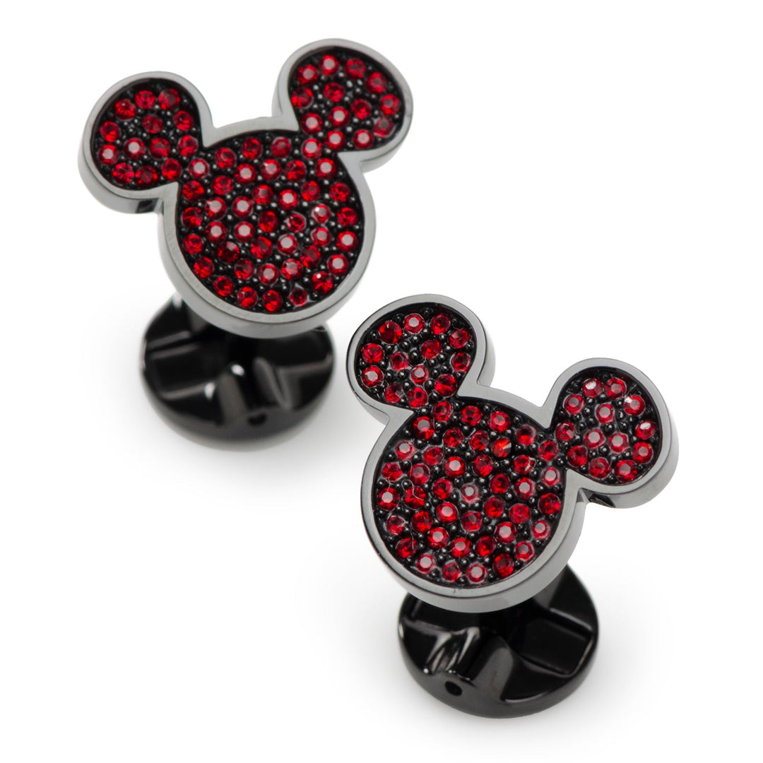 Disney Mickey Mouse Maroon Crystal Cufflinks shaped like mouse heads, inlaid with red crystals on a dark metal finish.