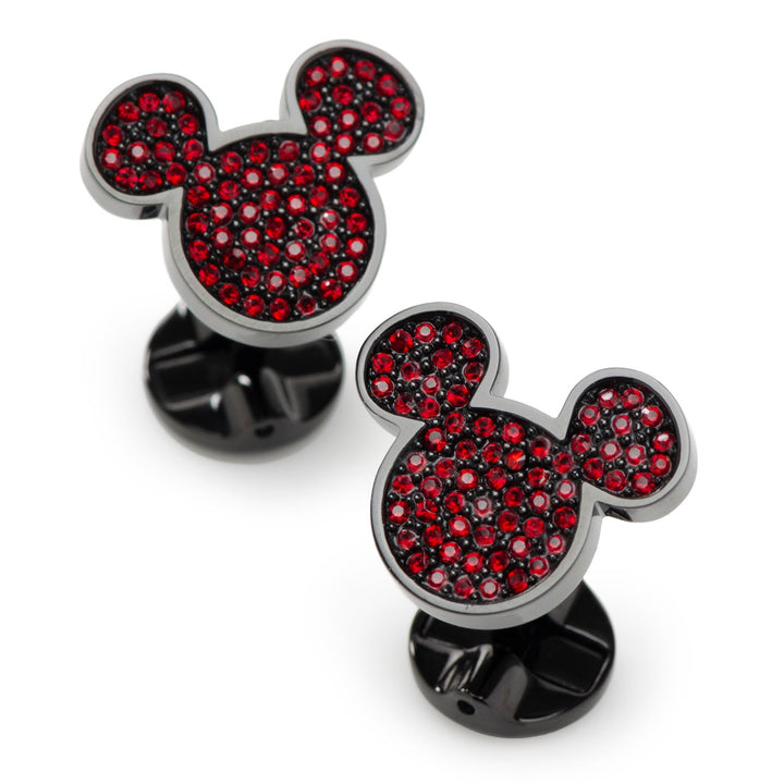 Disney Mickey Mouse Maroon Crystal Cufflinks shaped like mouse heads, inlaid with red crystals on a dark metal finish.
