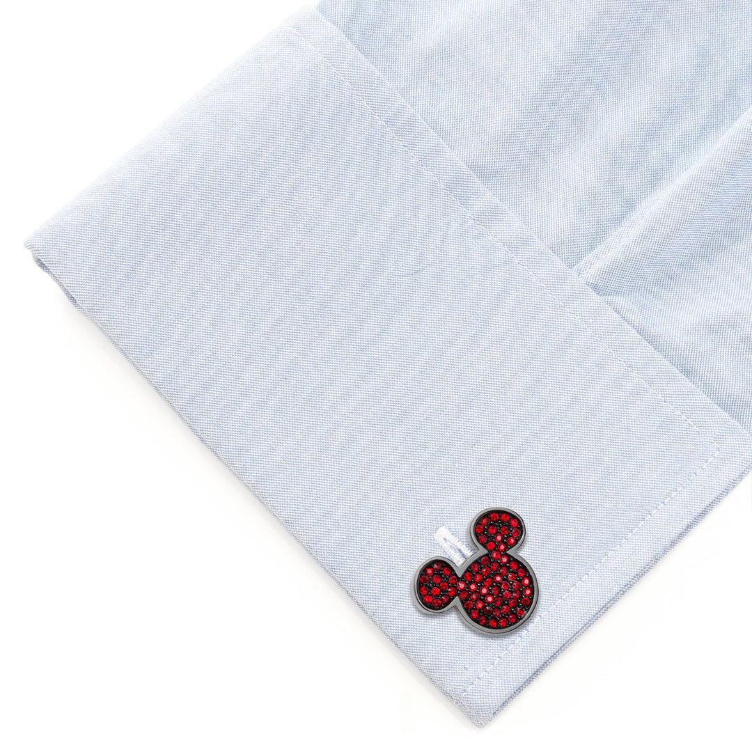 Disney Mickey Mouse Maroon Crystal Cufflinks shaped like Mickey Mouse on a light blue French cuff shirt.